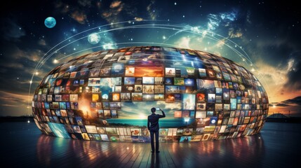 Digital globe with network connections and social media icons representing the cyber world