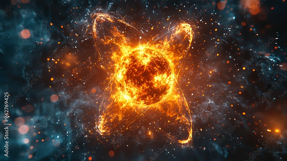 Poster a fiery sphere surrounded by a ring of fire against a dark background with scattered particles.