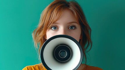 A young woman holds a megaphone in front of her face, conveying a sense of empowerment and communication against a vibrant background.