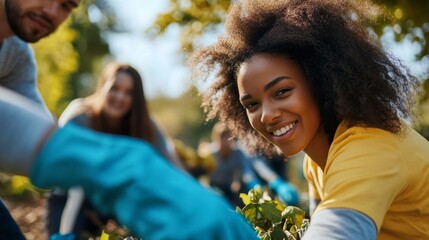Diverse volunteers in eco-friendly gear participate in a park clean-up