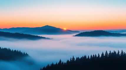 Fototapeta premium A breathtaking view of misty mountains at sunrise, showcasing vibrant colors and serene landscapes bathed in soft morning light.