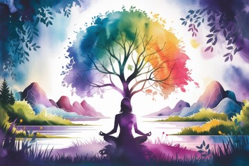 A serene landscape depicting a meditative figure under a vibrant, multicolored tree, surrounded by mountains and water, evoking peace and harmony with nature