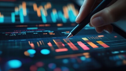 A digital display filled with graphs and charts, being fine-tuned with a stylus to show interactive business metrics