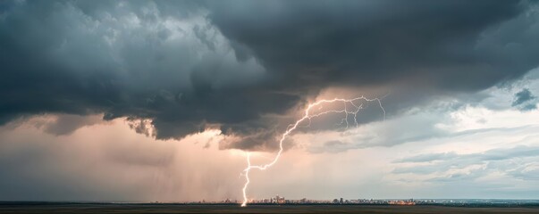 Obraz premium Dramatic lightning strikes a dark sky, illuminating storm clouds over a vast landscape, capturing nature's raw power.