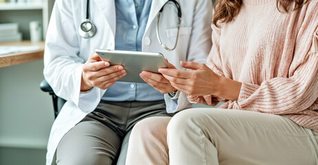 Doctor is showing medical information on a tablet to her female patient during a consultation in her office. High quality photo - Powered by Adobe