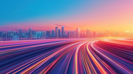 Fototapeta premium A vibrant cityscape at sunset, showcasing illuminated roads and tall buildings with a colorful sky in the background.