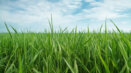 Lush green grass swaying gently under a clear blue sky, creating a serene and tranquil landscape perfect for nature lovers.