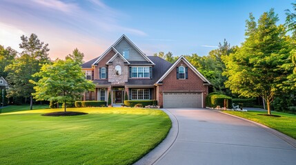 Fototapeta premium A beautiful suburban home with a well-maintained lawn and trees under a clear sky.
