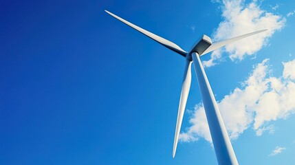 A vibrant wind turbine stands tall against a clear blue sky, symbolizing renewable energy and sustainable development.