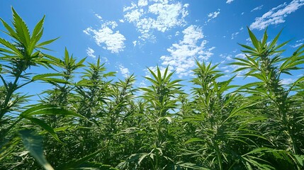 Obraz premium Vibrant cannabis plants reaching towards a clear blue sky, showcasing lush green foliage in a natural outdoor setting.