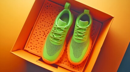 Fototapeta premium Bright green sneakers are displayed in a stylish orange box. The modern design makes them perfect for sports and casual wear. A trendy addition to any footwear collection. AI