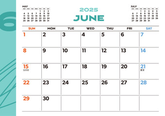 2025年シンプル卓上カレンダー：6月、日本の祝日・行事入り