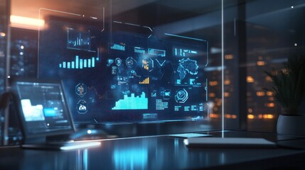 Obraz premium A holographic display in an office showing financial business growth, with modern icons symbolizing different strategies
