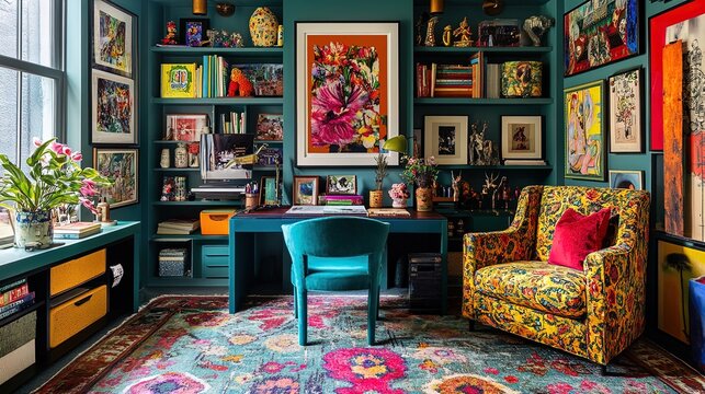 Transform Your Workspace: A Maximalist Home Office Design Featuring a Teal Desk, Colorful Gallery Wall, and Bold Floral Rug &ndash; Perfect as a Poster for Inspiring Interiors!