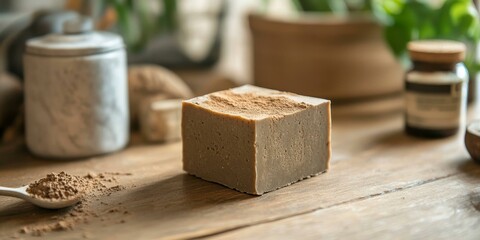 A bar of soap with cocoa powder on a wooden