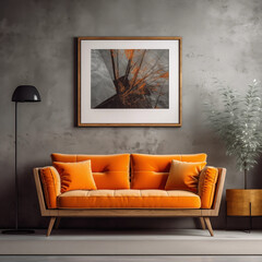 Modern Living Room Interior with Orange Sofa and Abstract Art