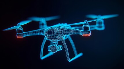 Technical blueprint of a drone, showcasing its structural components in a precise wireframe design against a dark background