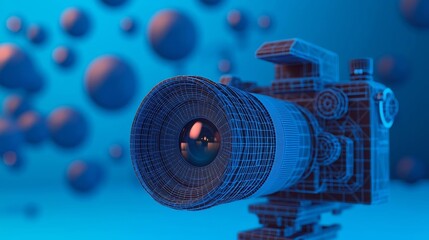 Thin line polygonal movie camera in a blue structural design, accompanied by floating mesh spheres, representing advanced video technology