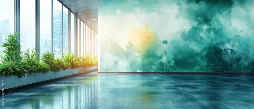 Poster a bright office with green business elements and business process automation software on display emp
