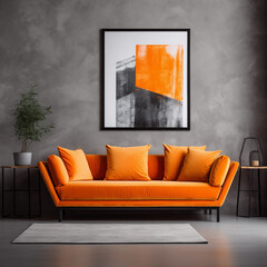 Orange Velvet Sofa with Abstract Painting in Modern Living Room