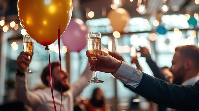 Cheers to celebration! People raising glasses with balloons in the background, capturing a vibrant party atmosphere.