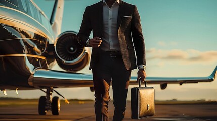 A confident businessman walks towards a private jet, embodying success and luxury in a stunning sunset backdrop.
