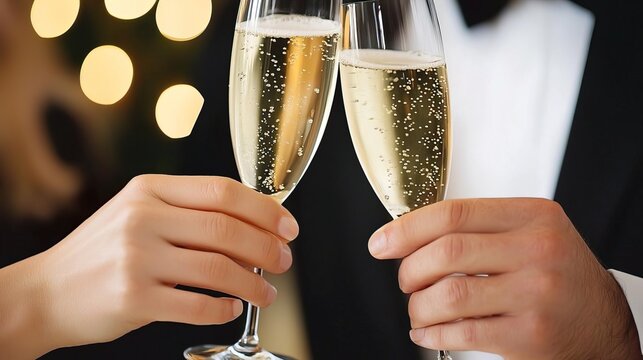 Two glasses clink in celebration, capturing a joyous moment filled with bubbles and warmth, perfect for festive occasions.