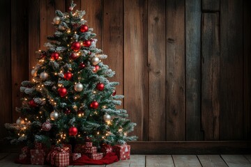 Christmas tree with red and white baubles and lights against an old wood background with generative ai
