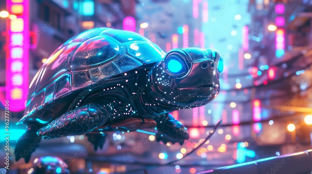 Poster a highly detailed 3d rendering of a futuristic robotic turtle floating in a neon-lit cyberpunk citys