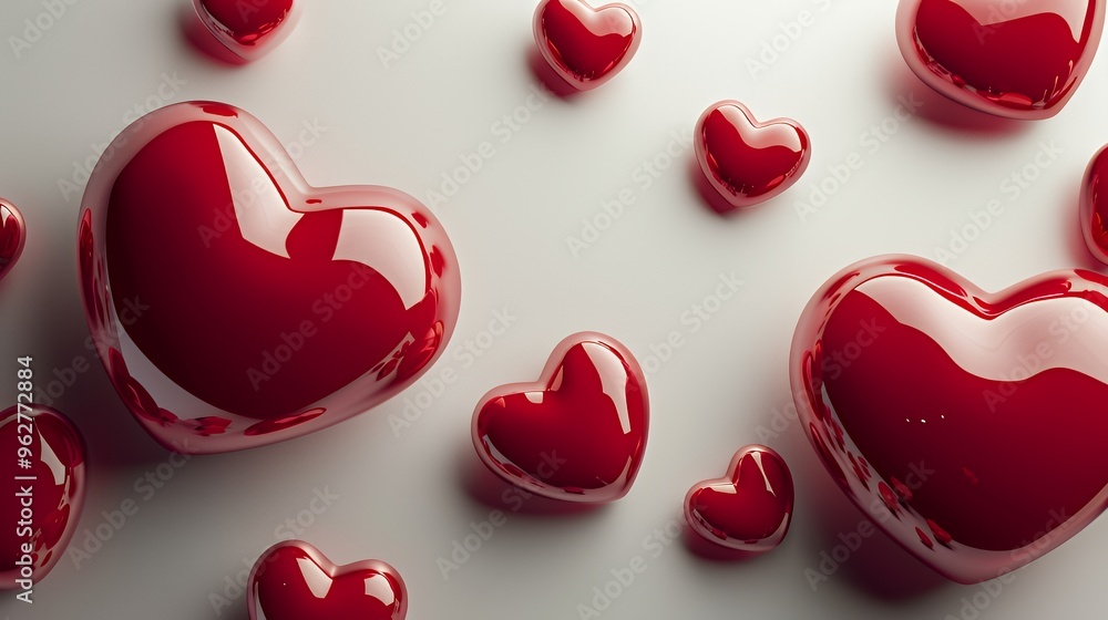Poster red heart shapes of different sizes are scattered on a white surface.