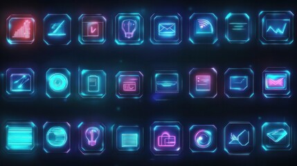 A set of sleek and minimalistic business icons glowing against a digital background