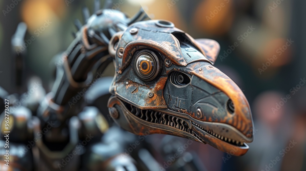 Poster a detailed close-up of a mechanical dinosaur robot, featuring rusted metal components and a lifelike