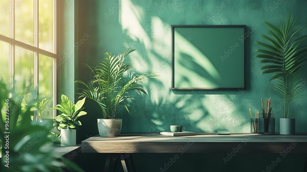 Poster a minimalist office setup with business process automation displayed on a screen and green business 