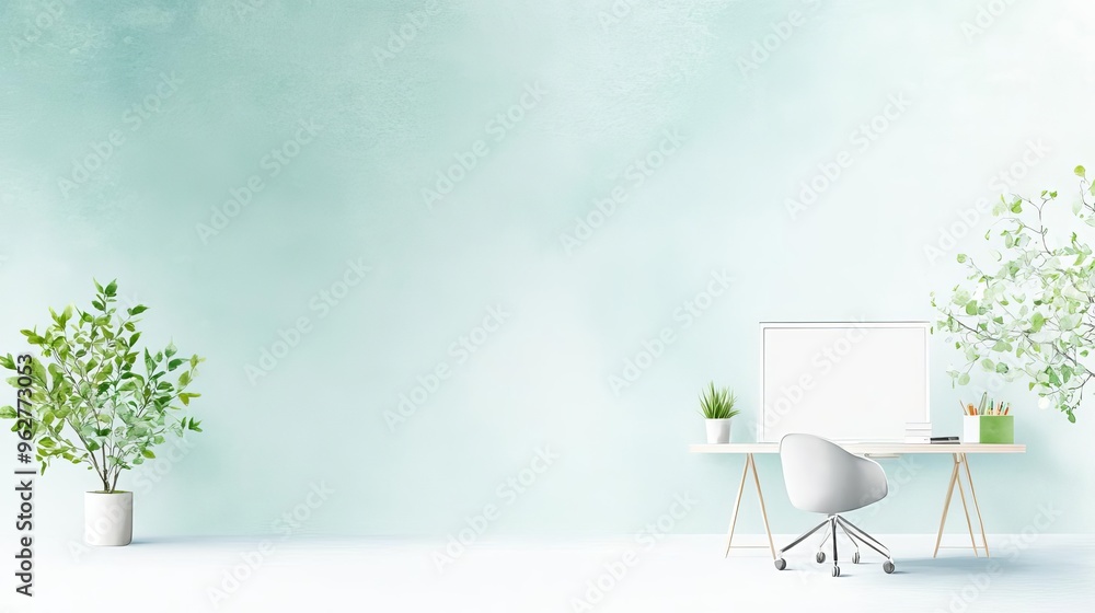 Poster a minimalist office setup with a focus on business process automation and green business decor emplo