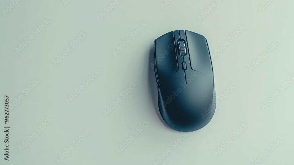 Poster a sleek wireless computer mouse on a light surface, designed for ergonomic use.