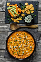 hot buffalo chicken dip in baking dish, top view