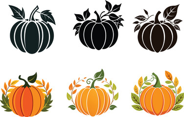 Set of Pumpkin and Leaf Silhouette Vector illustration Design
