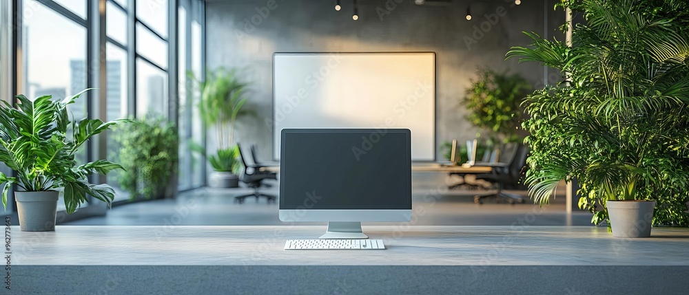 Poster a modern office setup with green business elements and business process automation tools employee re