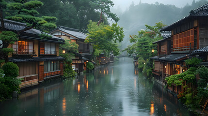 Obraz premium Misty Canal Town Illustration