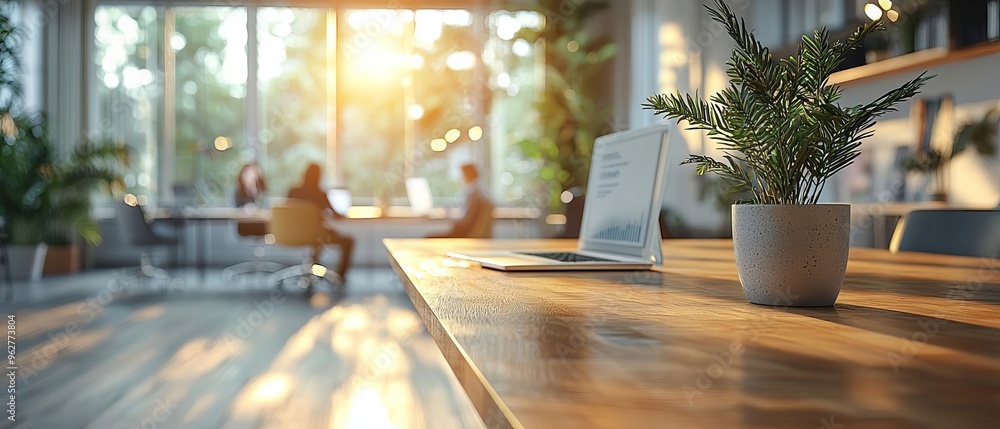 Poster a sleek office desk with a focus on business process automation and green business practices employe