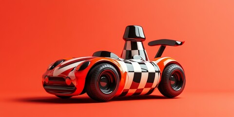 Checkered race car on orange background.