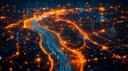 Obraz premium Visual Representation of Internet Traffic with Glowing Data Packets Flowing Through a Network, Occasionally Glitching and Rerouting in Real-Time