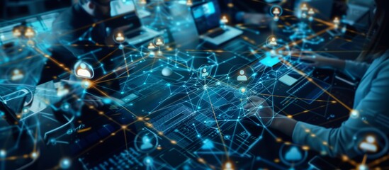 Business marketing theme photo global strategy worldwide network connecting digital data, collaboration and marketing digital technology analytics with overlay elements. Generative AI