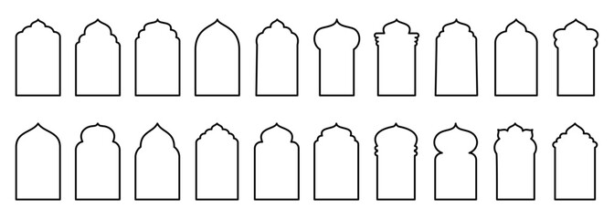 Shape Islamic door and window silhouette Arabic arch. Collection of patterns in oriental style. Frames in Arabic Muslim design for Ramadan Kareem. Vector mosque gate stroke isolated on white