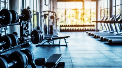 Fototapeta premium Modern Gym Interior with Dumbbells and Treadmills