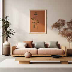 Minimalist Living Room Interior Design with Pink Sofa and Wooden Coffee Table