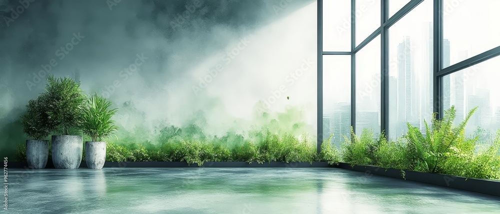 Poster a bright office with green business elements and business process automation software on display emp