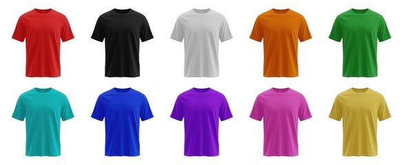 Collection of plain t-shirts in various vibrant colors, displayed on a white background, ideal for apparel design or fashion mockups. Generative AI