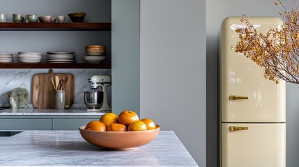Stylish Kitchen Harmony: Modern Handleless Cabinets, Vintage Ceramics & Retro Fridge – Perfect Poster for Culinary Spaces and Home Décor Inspiration!