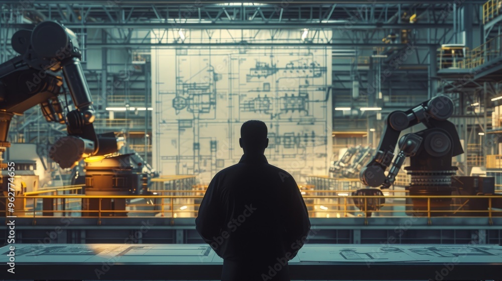 Poster silhouette of an engineer standing in a modern factory, overseeing advanced robotics and a large blu